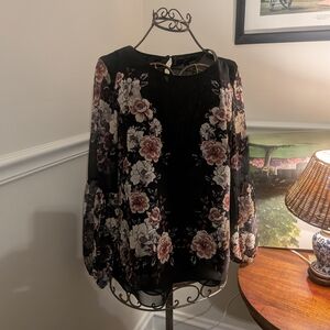 GNW Floral Black Chiffon Blouse Large